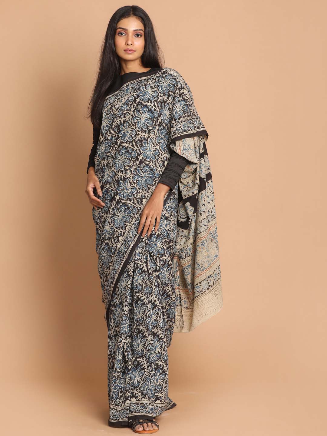 Indethnic Kalamkari Handblock Mulmul Cotton Saree - View 1