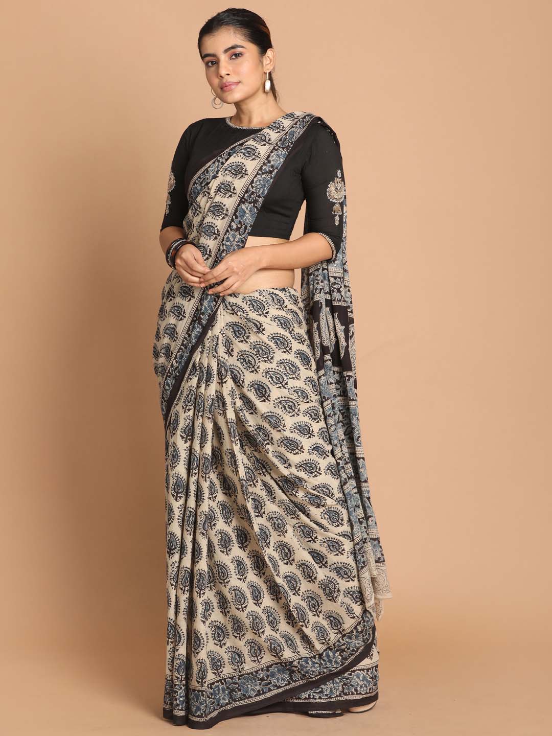 Indethnic Kalamkari Handblock Mulmul Cotton Saree - View 1