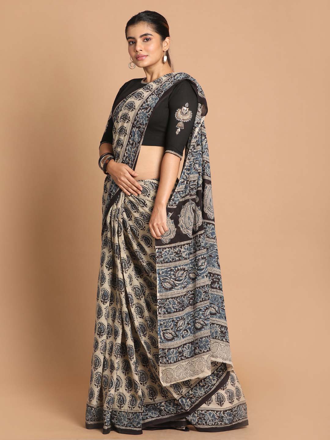 Indethnic Kalamkari Handblock Mulmul Cotton Saree - View 2