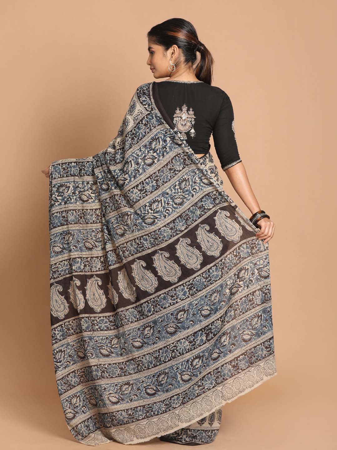 Indethnic Kalamkari Handblock Mulmul Cotton Saree - View 3