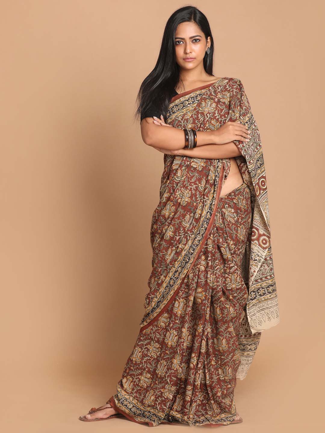 Indethnic Kalamkari Handblock Mulmul Cotton Saree - View 1