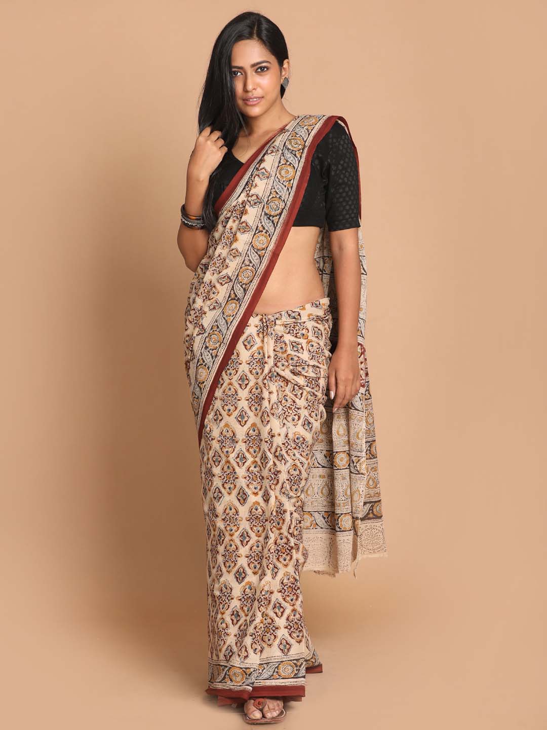 Indethnic Kalamkari Handblock Mulmul Cotton Saree - View 1