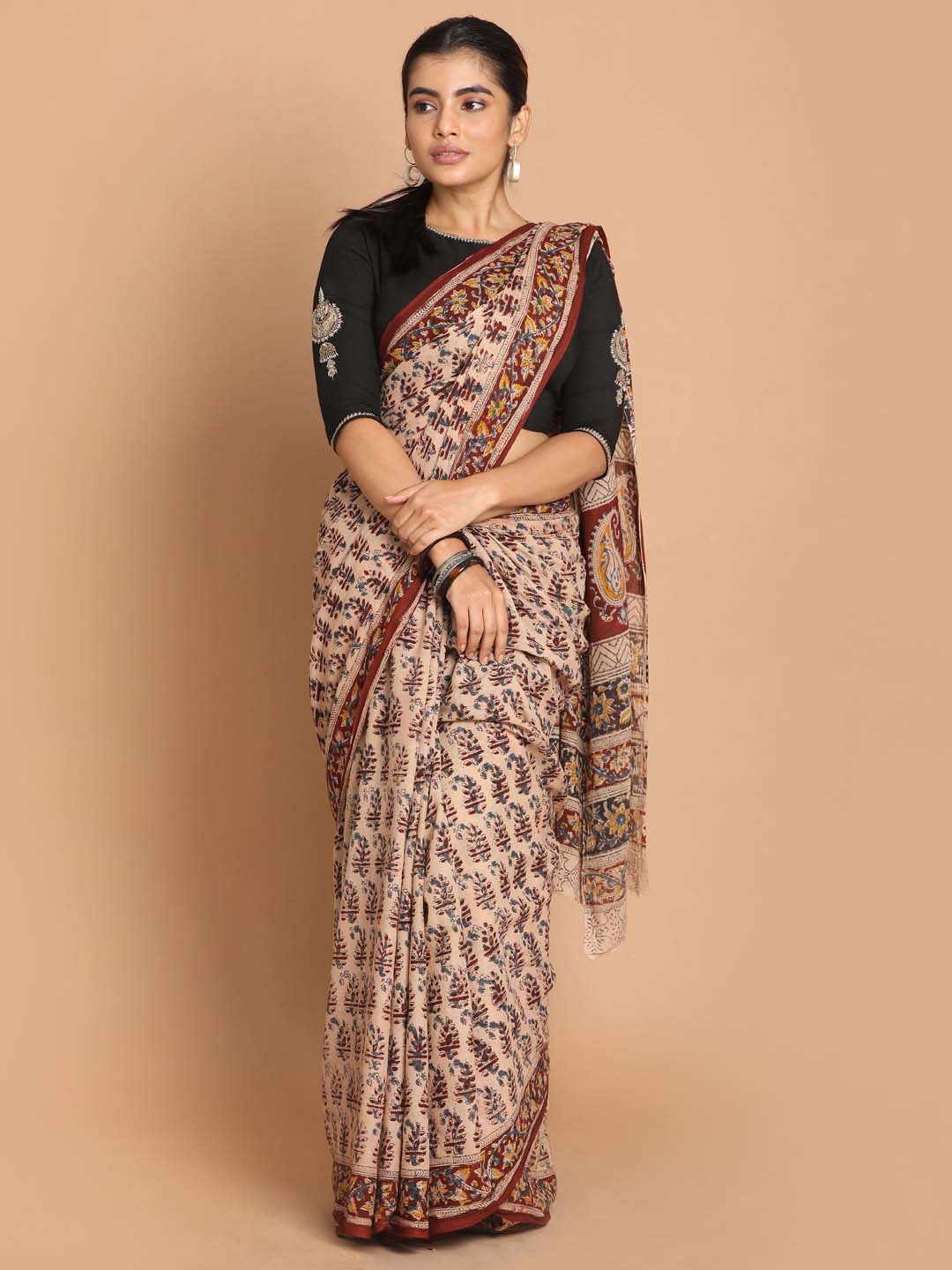 Indethnic Kalamkari Handblock Mulmul Cotton Saree - View 1