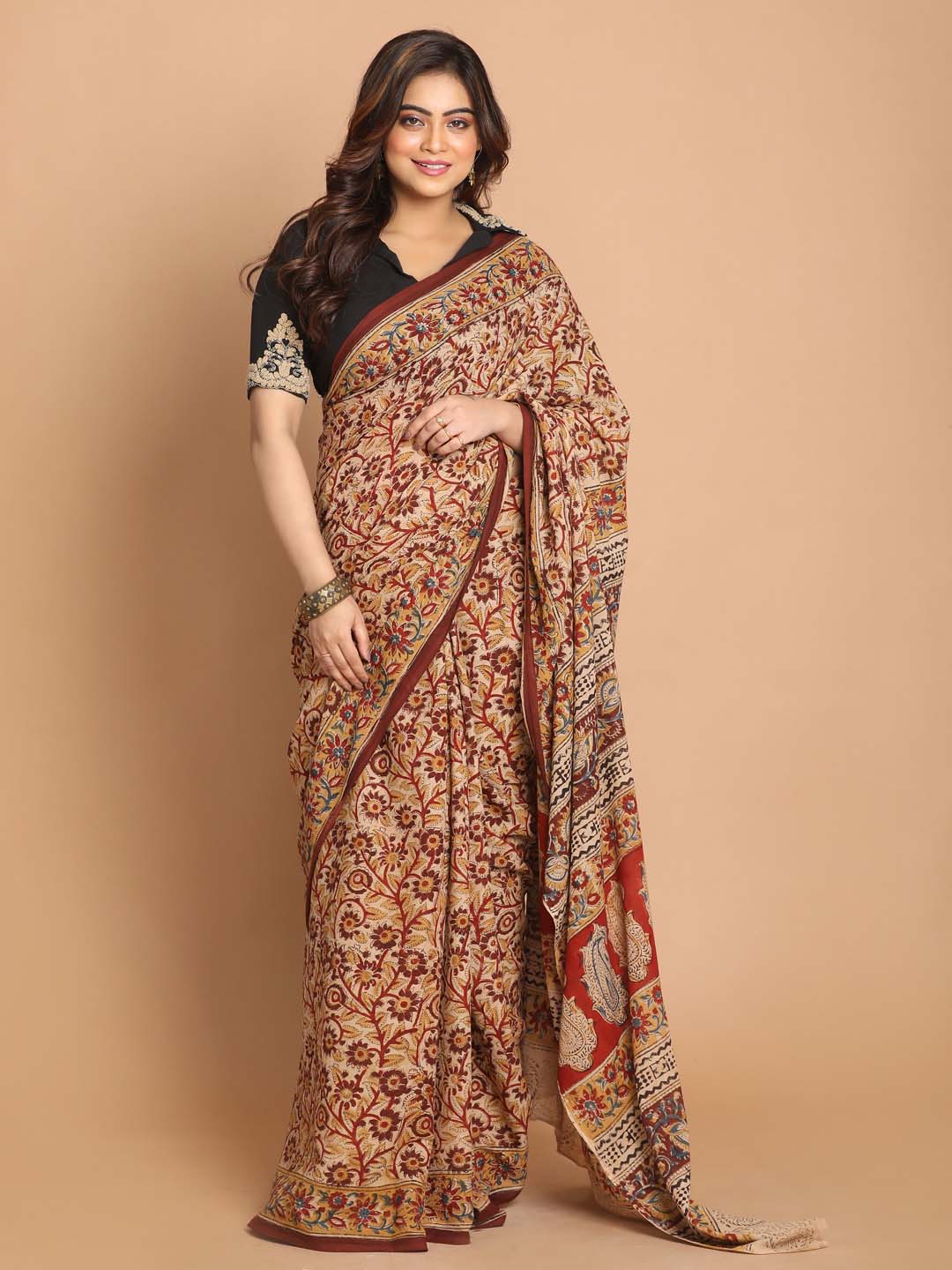 Indethnic Kalamkari Handblock Mulmul Cotton Saree - View 1