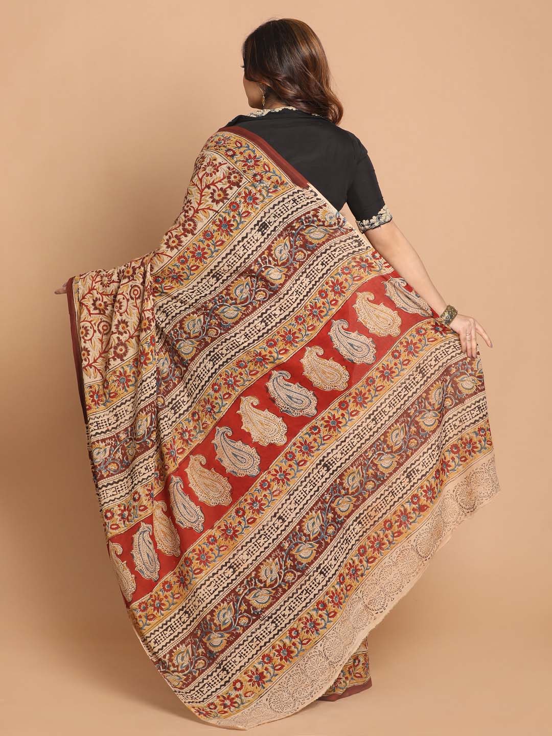 Indethnic Kalamkari Handblock Mulmul Cotton Saree - View 3