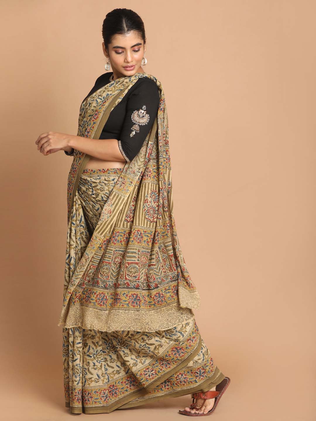 Indethnic Kalamkari Handblock Mulmul Cotton Saree - View 1