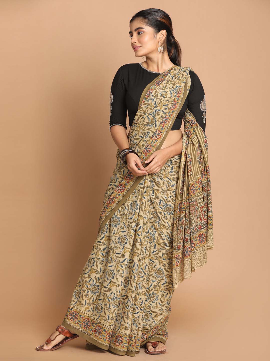 Indethnic Kalamkari Handblock Mulmul Cotton Saree - View 2