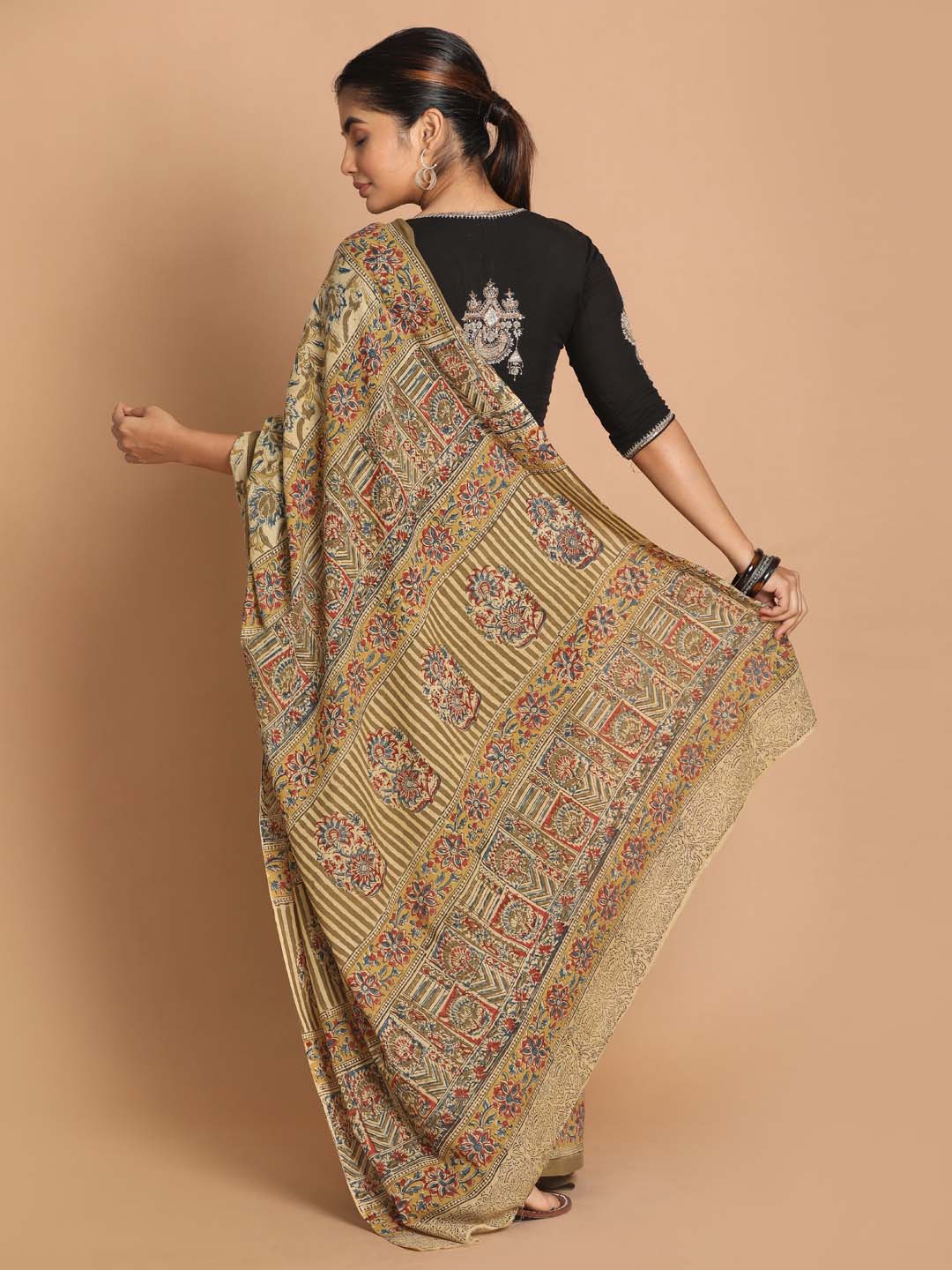 Indethnic Kalamkari Handblock Mulmul Cotton Saree - View 3