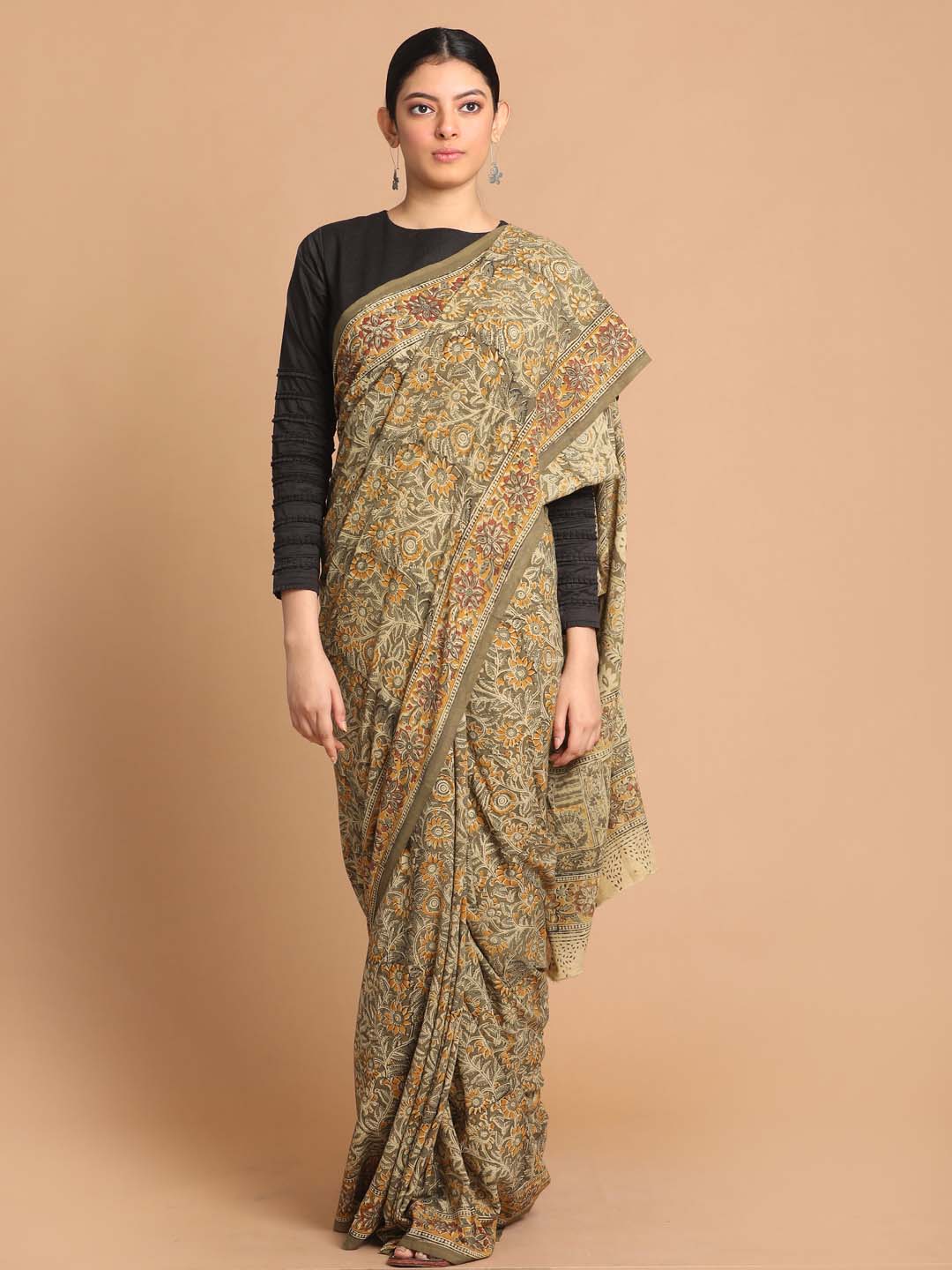 Indethnic Kalamkari Handblock Mulmul Cotton Saree - View 1