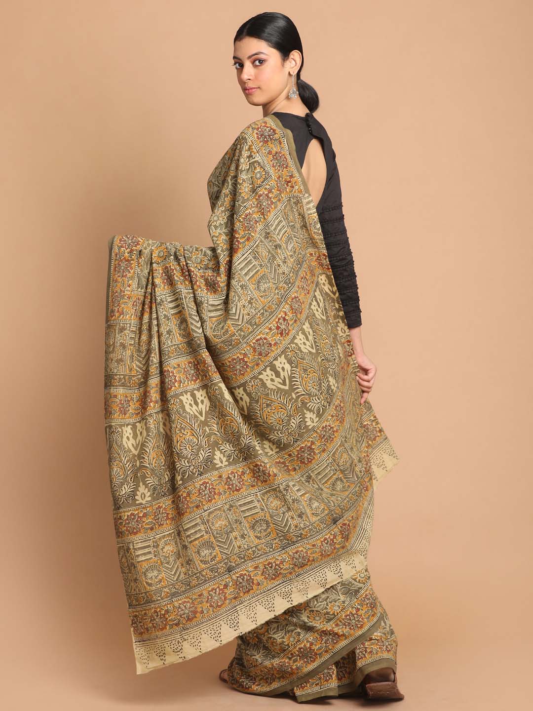 Indethnic Kalamkari Handblock Mulmul Cotton Saree - View 3