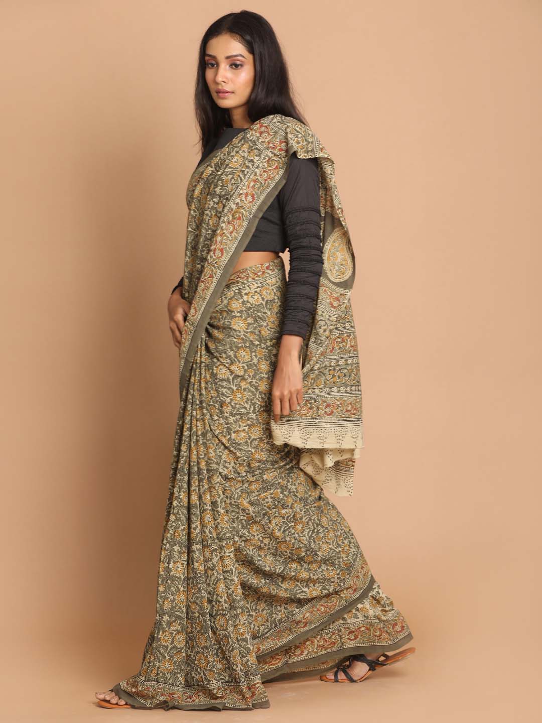 Indethnic Kalamkari Handblock Mulmul Cotton Saree - View 2