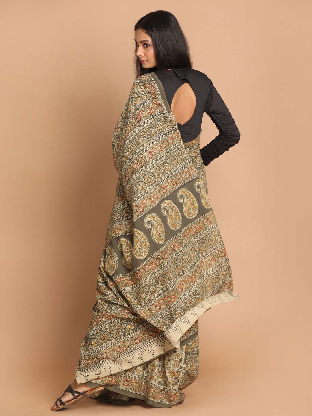 Indethnic Kalamkari Handblock Mulmul Cotton Saree - View 3