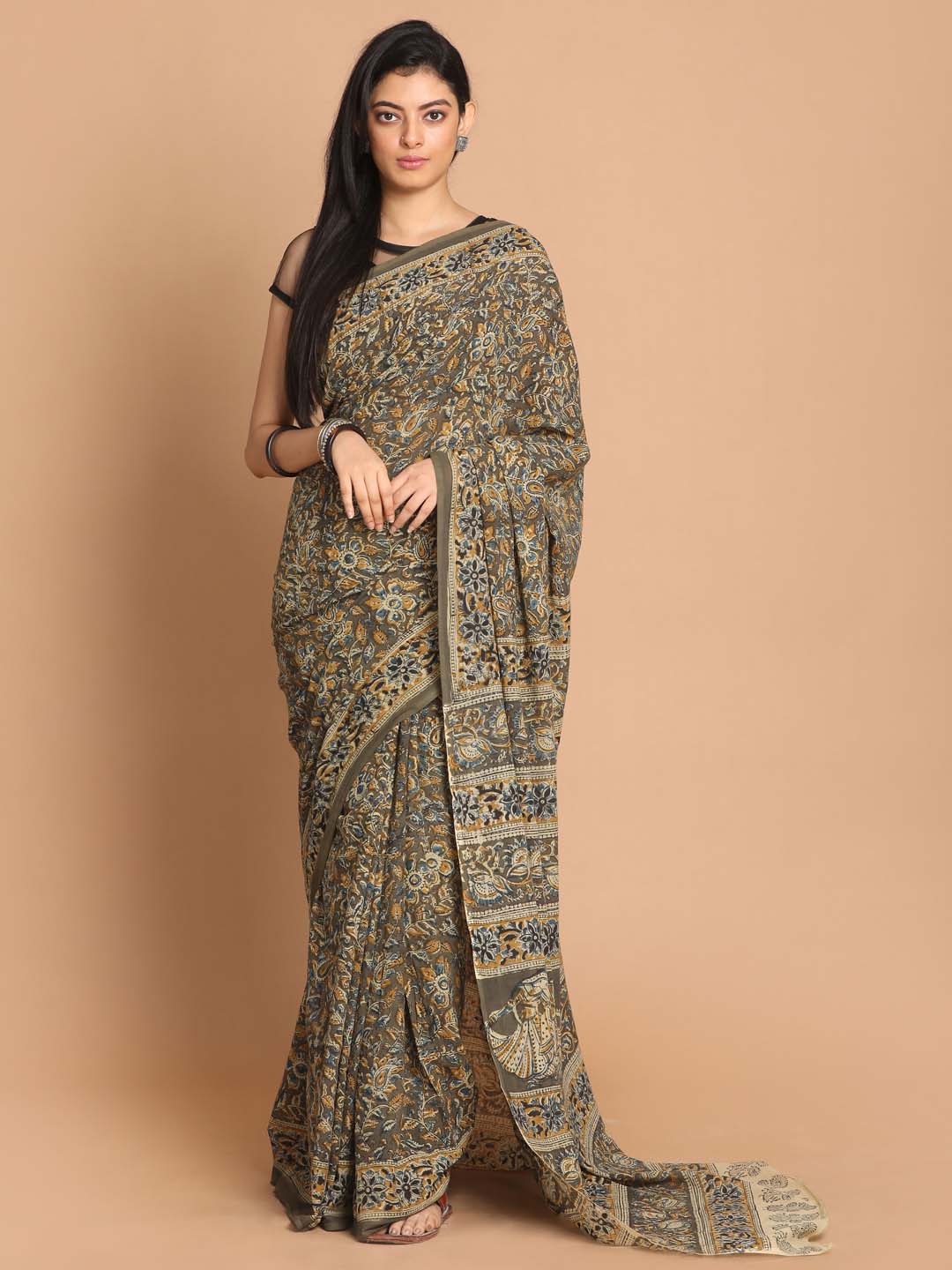 Indethnic Kalamkari Handblock Mulmul Cotton Saree - View 1