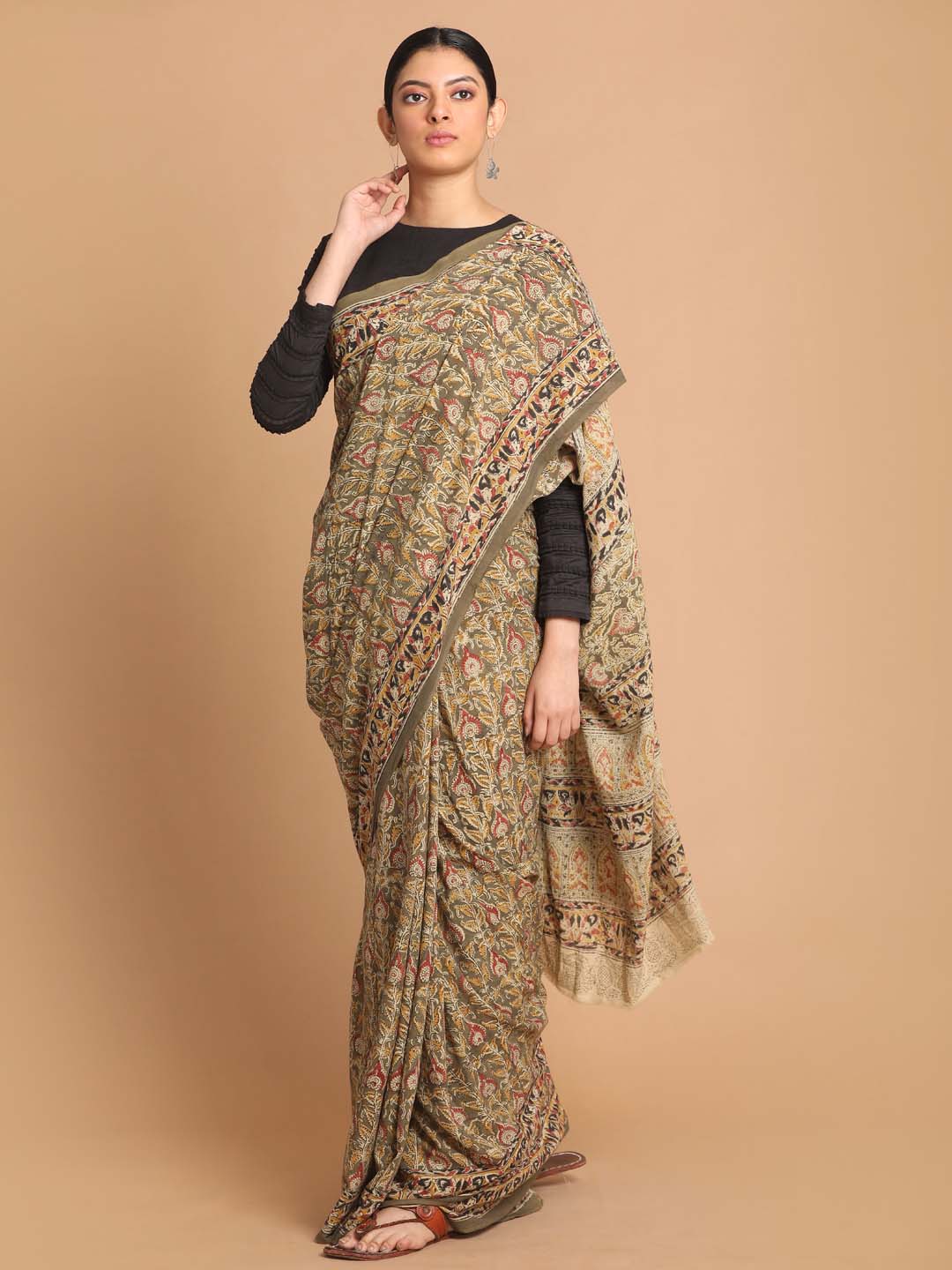 Indethnic Kalamkari Handblock Mulmul Cotton Saree - View 1