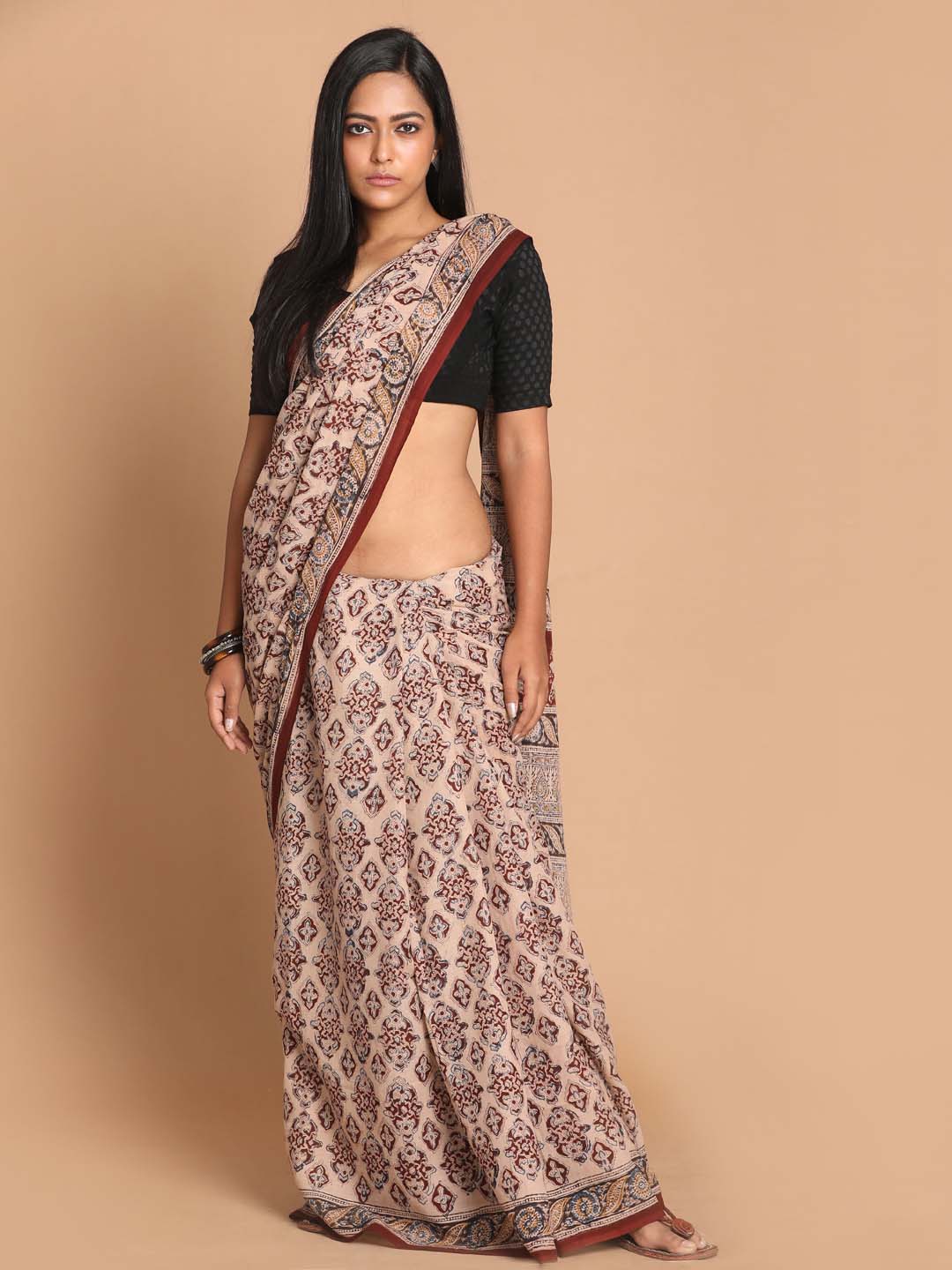 Indethnic Kalamkari Handblock Mulmul Cotton Saree - View 1