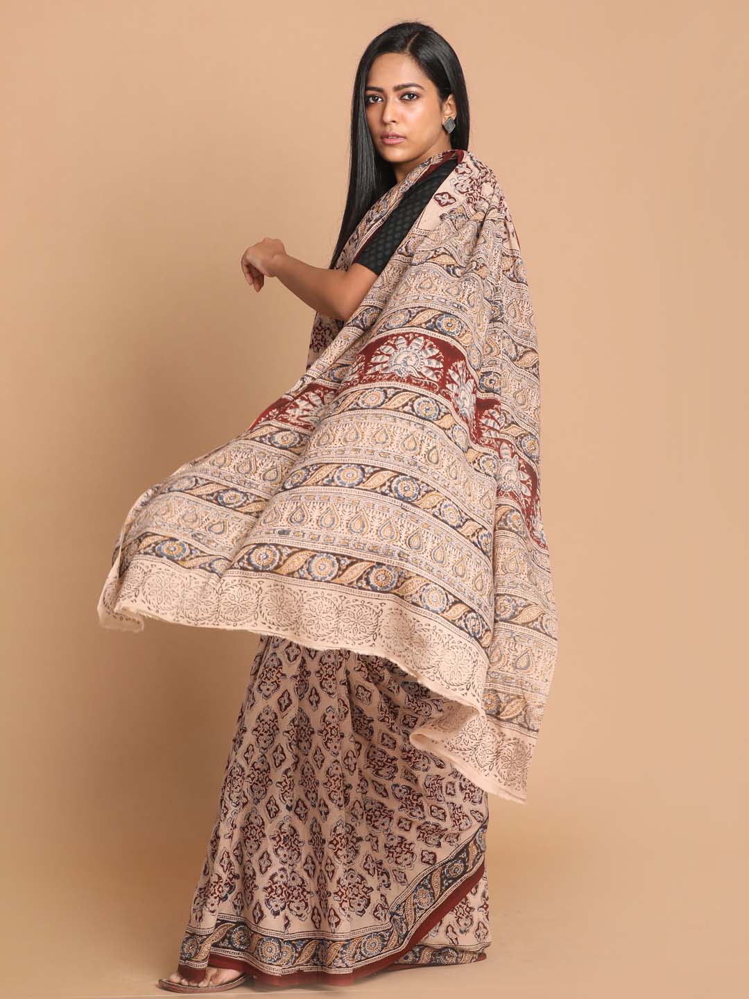 Indethnic Kalamkari Handblock Mulmul Cotton Saree - View 2