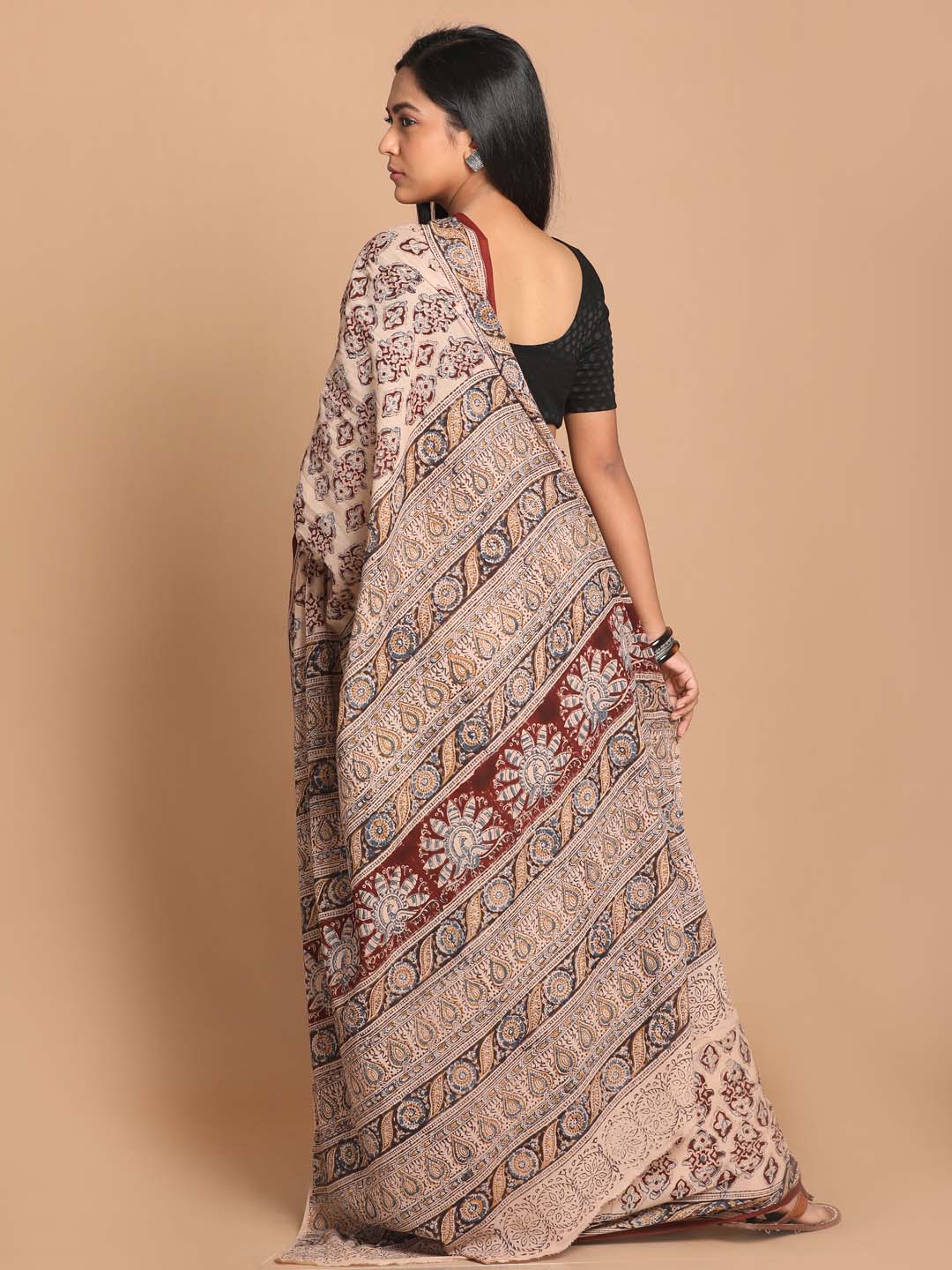 Indethnic Kalamkari Handblock Mulmul Cotton Saree - View 3