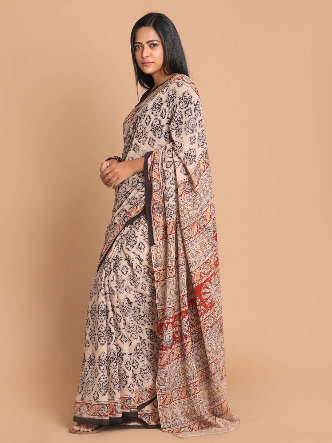 Indethnic Kalamkari Handblock Mulmul Cotton Saree - View 1