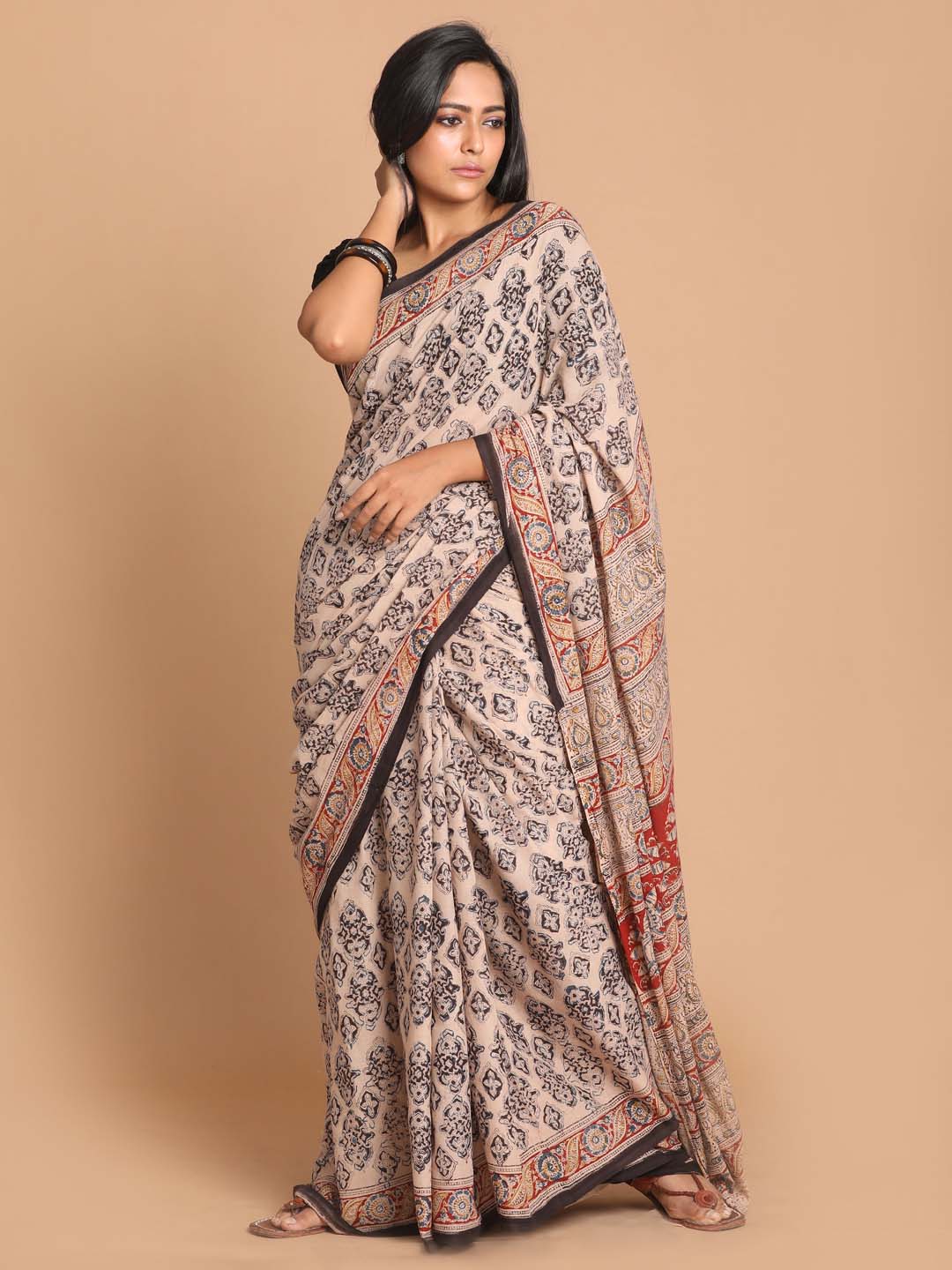 Indethnic Kalamkari Handblock Mulmul Cotton Saree - View 2