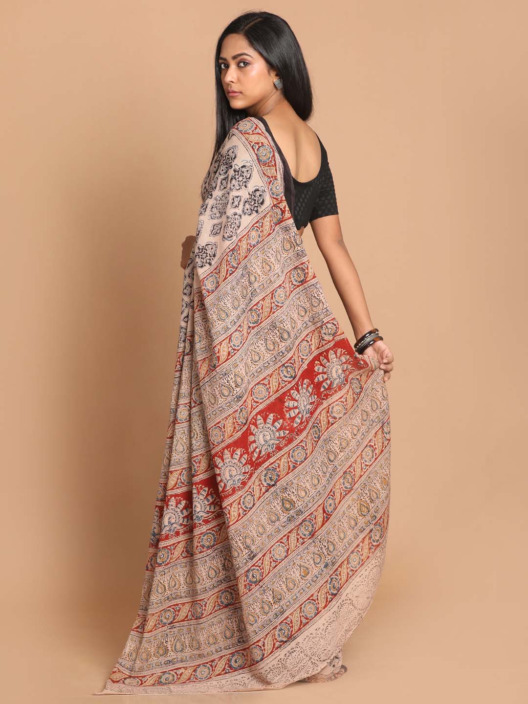 Indethnic Kalamkari Handblock Mulmul Cotton Saree - View 3