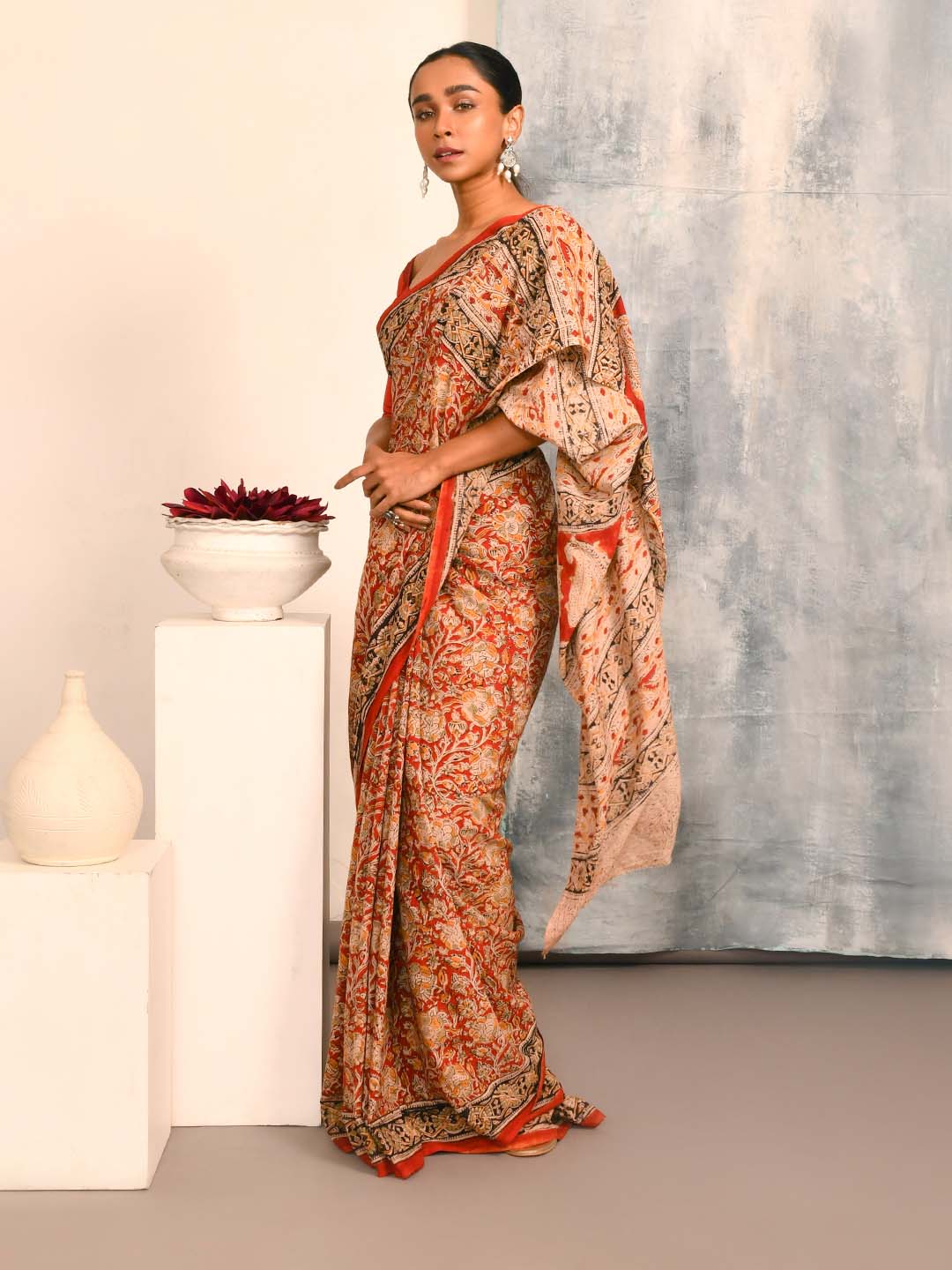 CRIMSON FLORAL FANTASY (KALAMKARI 100% PURE COTTON SAREE)