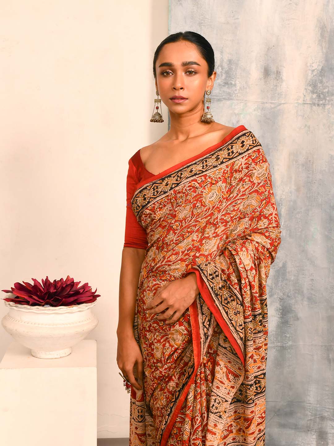 CRIMSON FLORAL FANTASY (KALAMKARI 100% PURE COTTON SAREE)