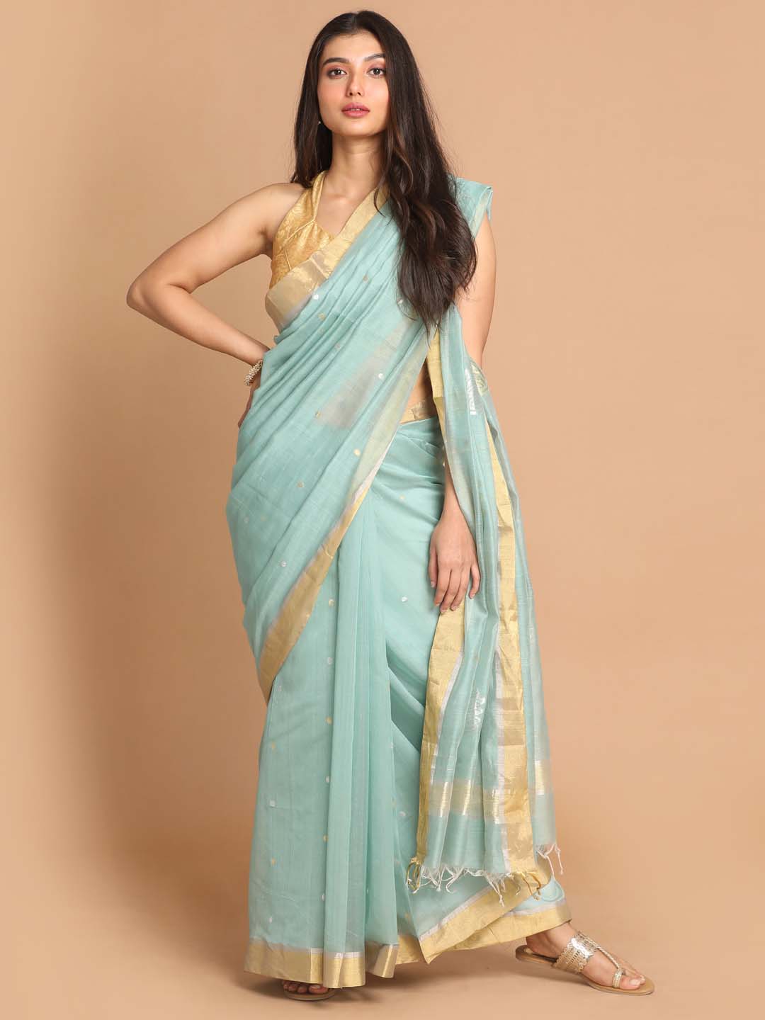 Blissful Light Pista Blooming Silk Saree With Belt Style