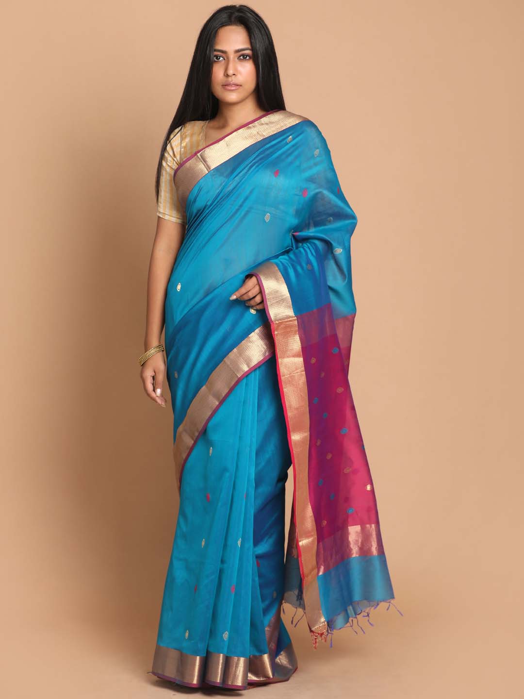 Indethnic Maheshwari Handloom Silk Cotton Saree - View 1