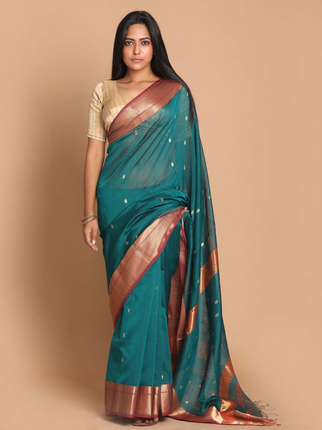 Indethnic Maheshwari Handloom Silk Cotton Saree - View 1