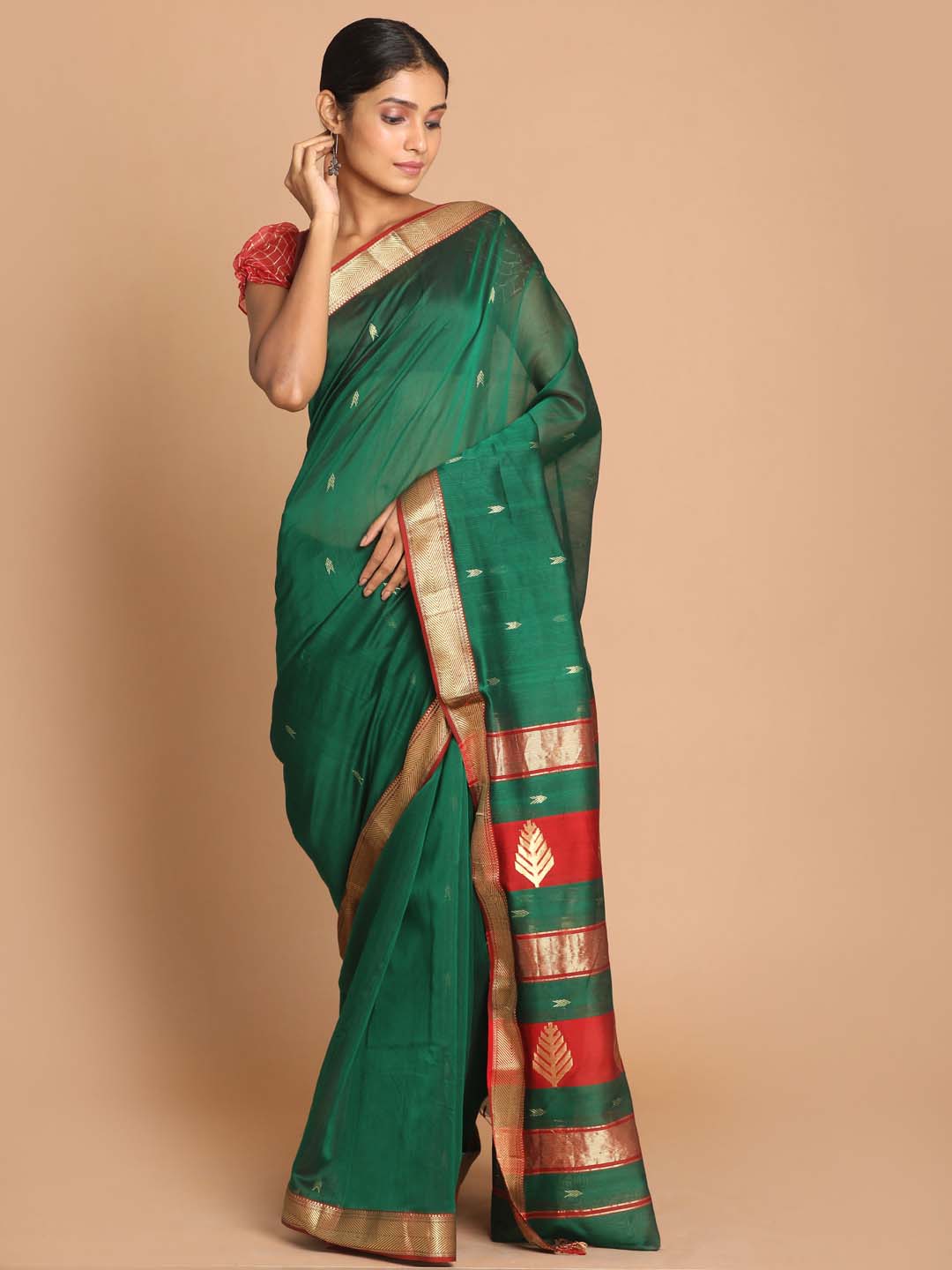 Indethnic Maheshwari Handloom Silk Cotton Saree - View 1