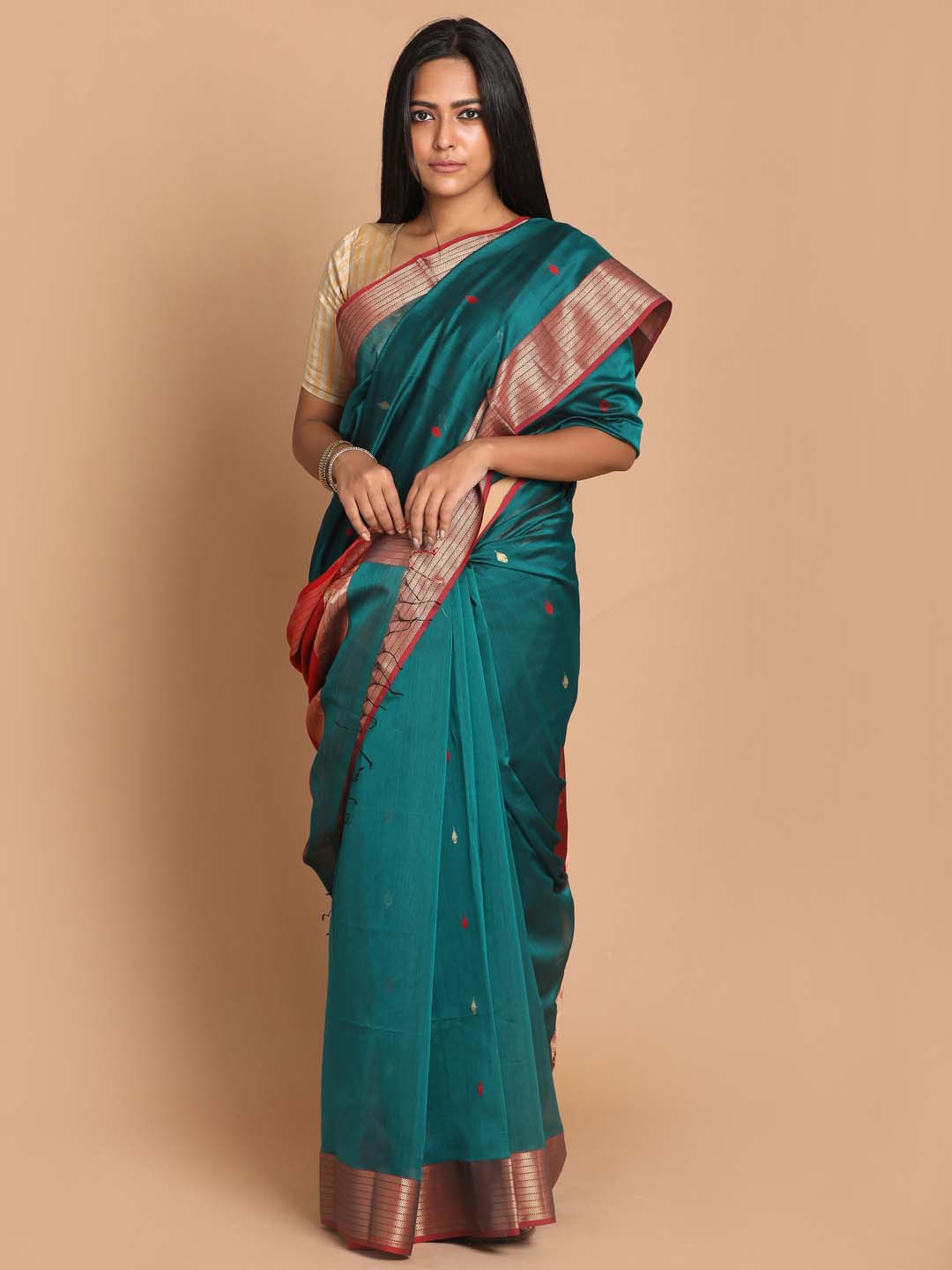 Indethnic Maheshwari Handloom Silk Cotton Saree - View 1