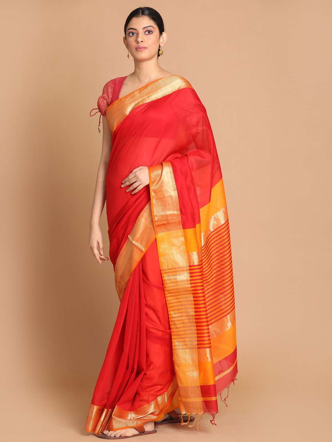 Indethnic Maheshwari Handloom Silk Cotton Saree - View 1