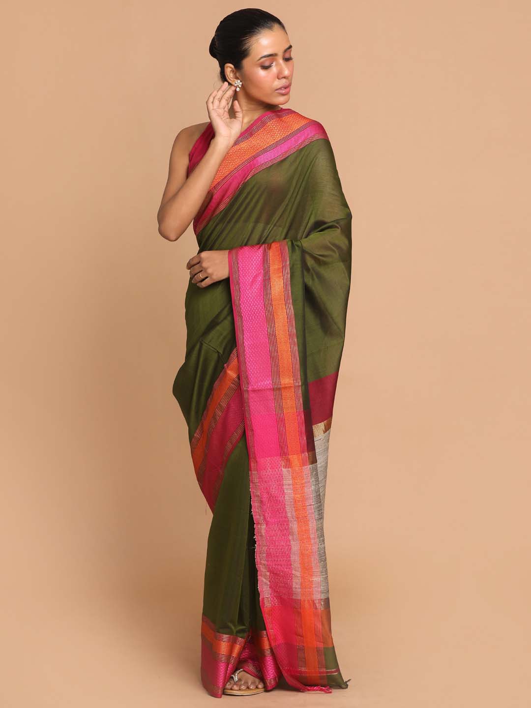 Indethnic Maheshwari Handloom Silk Cotton Saree - View 1