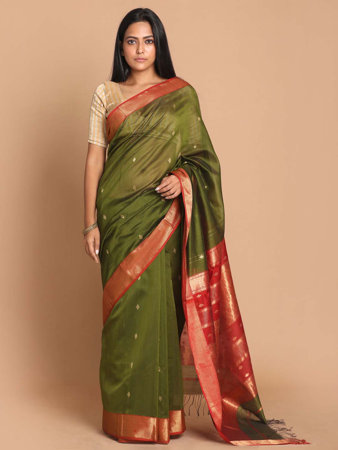 Indethnic Maheshwari Handloom Silk Cotton Saree - View 1