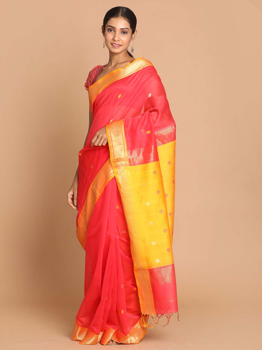 Indethnic Maheshwari Handloom Silk Cotton Saree - View 1