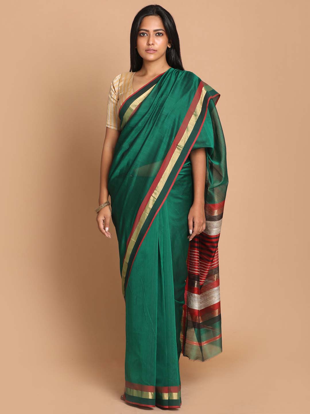 Indethnic Maheshwari Handloom Silk Cotton Saree - View 1