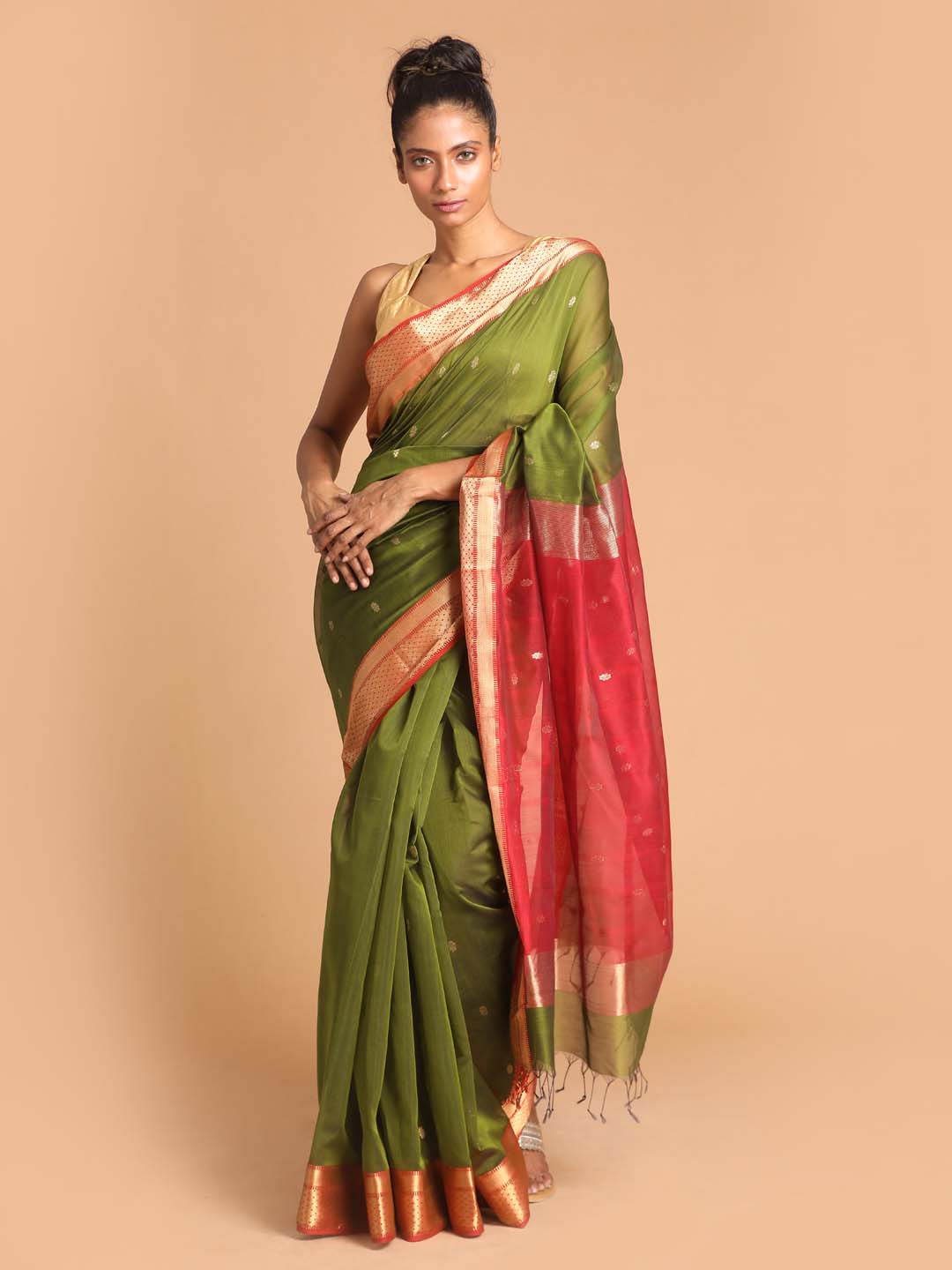 Indethnic Maheshwari Handloom Silk Cotton Saree - View 1