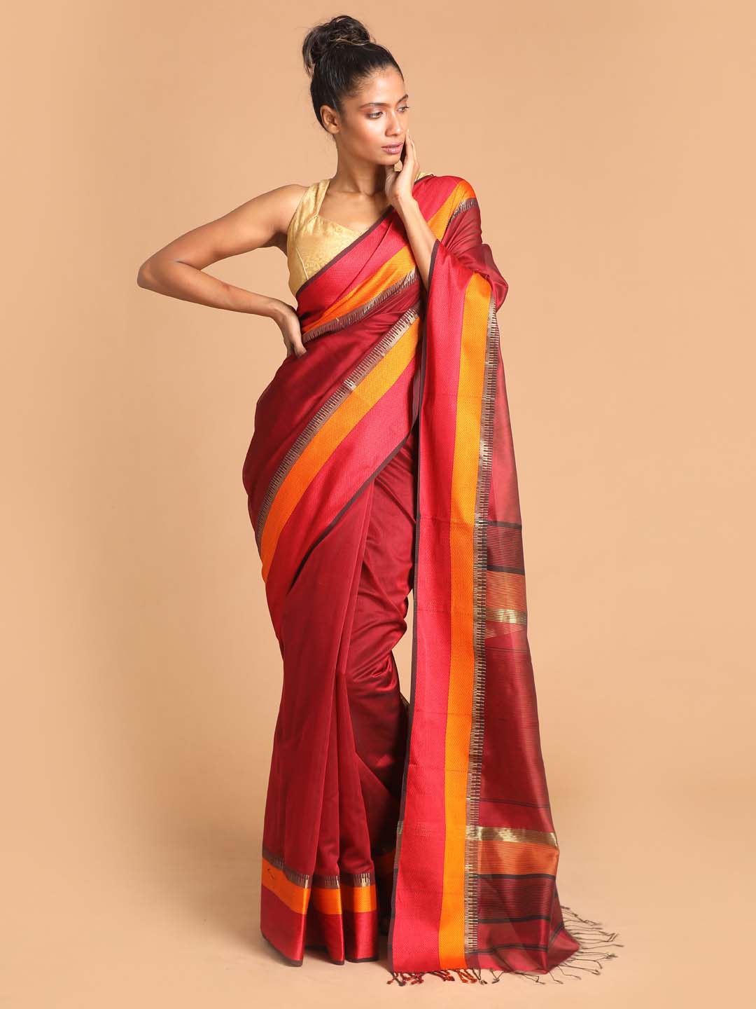 Indethnic Maheshwari Handloom Silk Cotton Saree - View 1