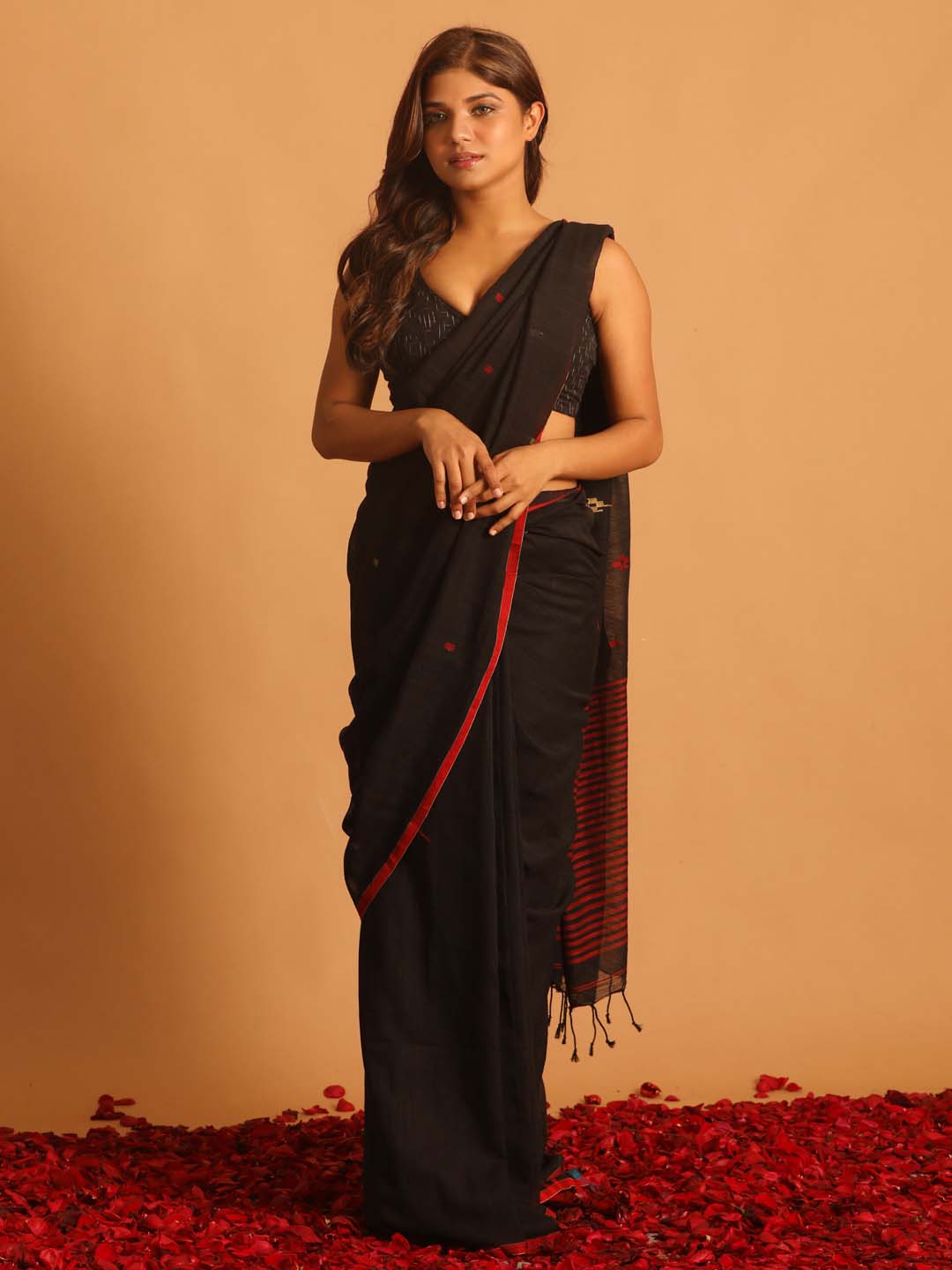 Indethnic Black Pure Cotton Woven Design Design Sarees - View 1