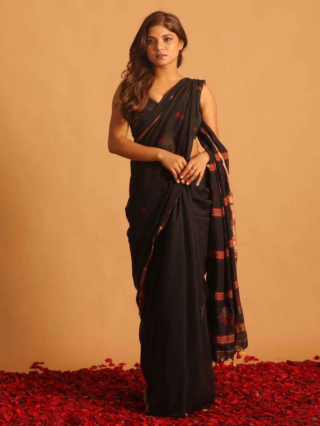 Indethnic Black Pure Cotton Woven Design Design Sarees - View 1