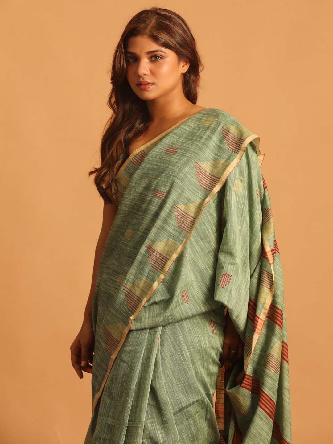 Indethnic Green Pure Cotton Woven Design Design Sarees - View 3