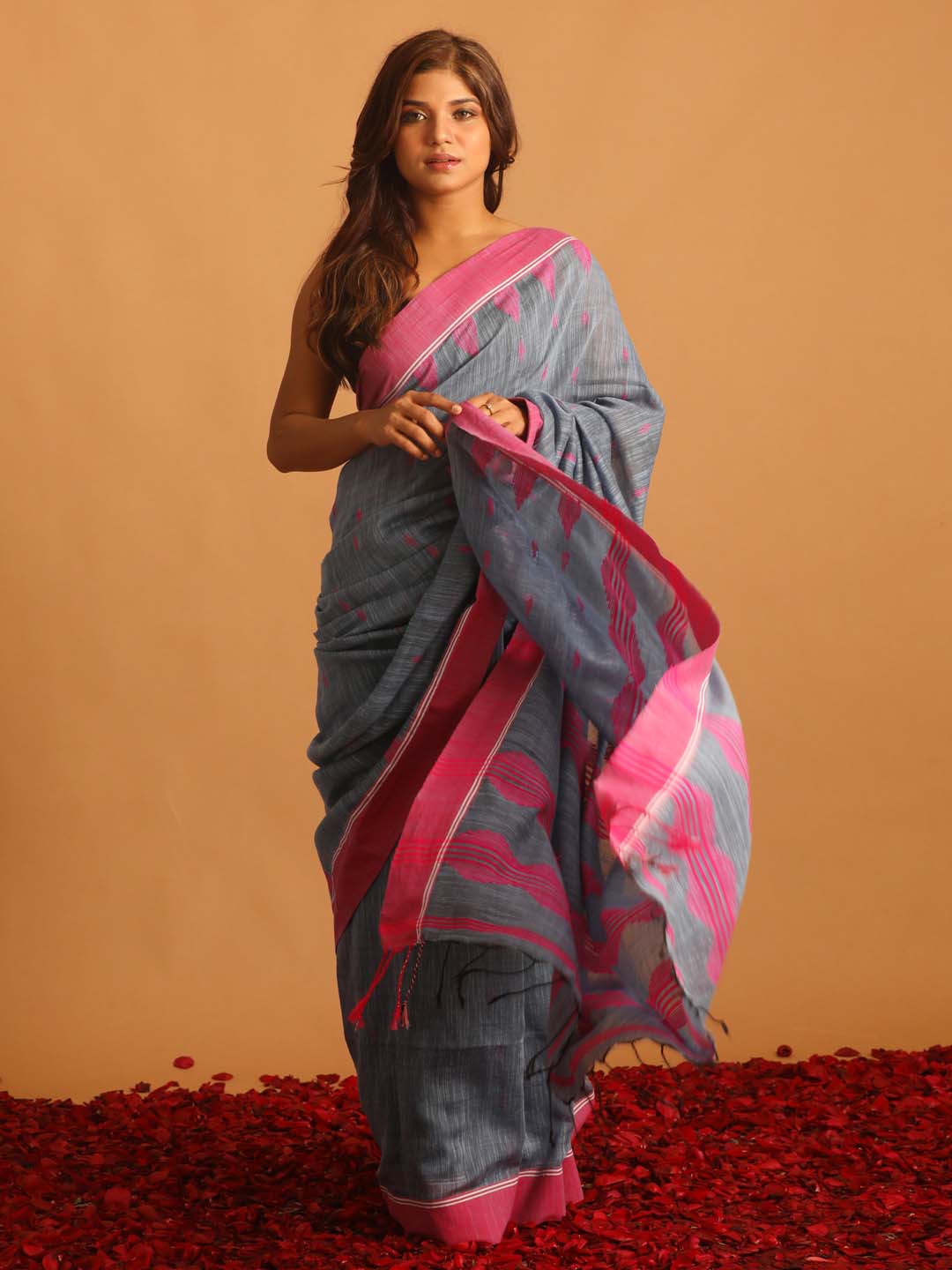 Indethnic Grey Pure Cotton Woven Design Design Sarees - View 1