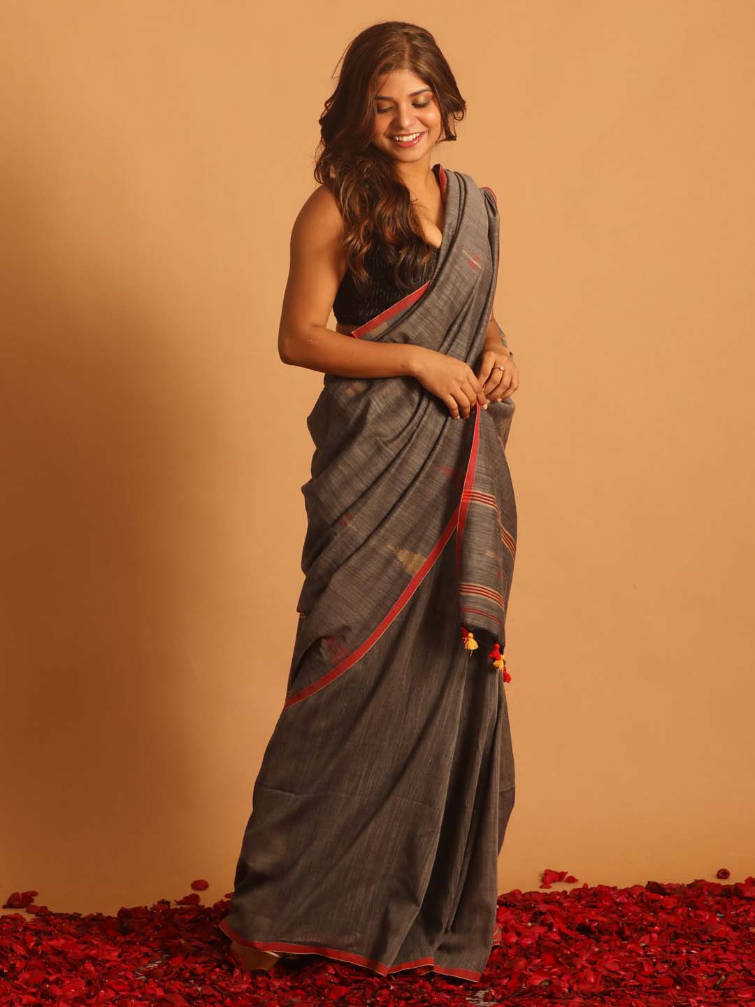 Indethnic Grey Pure Cotton Woven Design Design Sarees - View 1