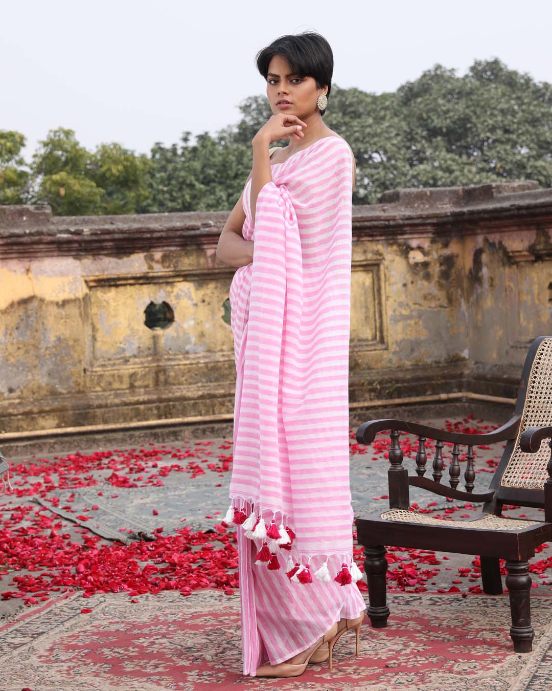 Indethnic Pink Pure Cotton Color Blocked Design Sarees - View 1