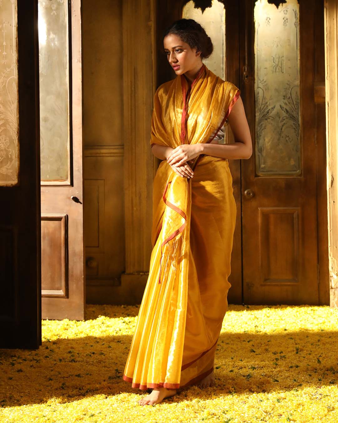 Indethnic Yellow Pure Cotton Solid Design Sarees - View 2