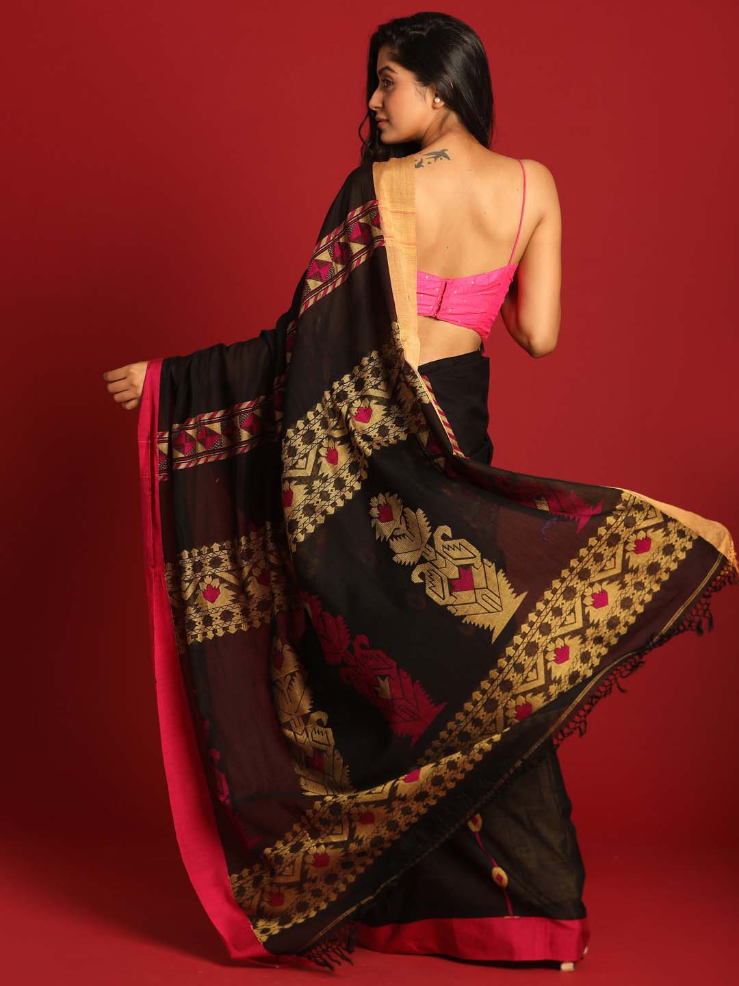 Indethnic Black Pure Cotton Ethnic Motifs Design Jamdani - View 3