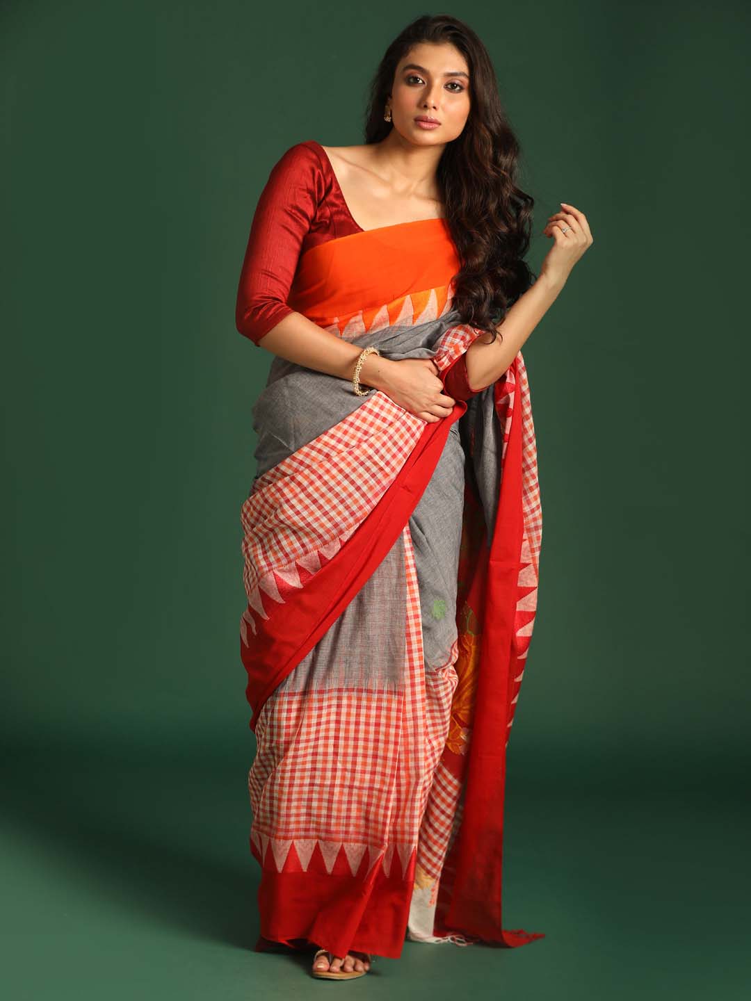 Indethnic Red and Grey Solid Colour Blocked Saree - View 1