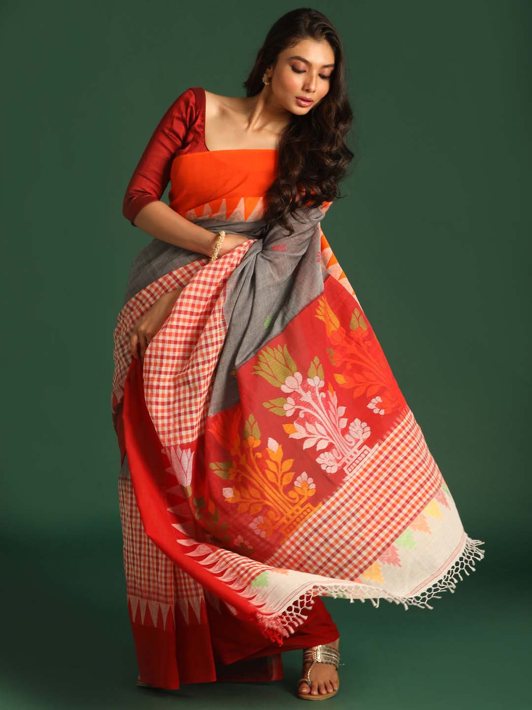 Indethnic Red and Grey Solid Colour Blocked Saree - View 2