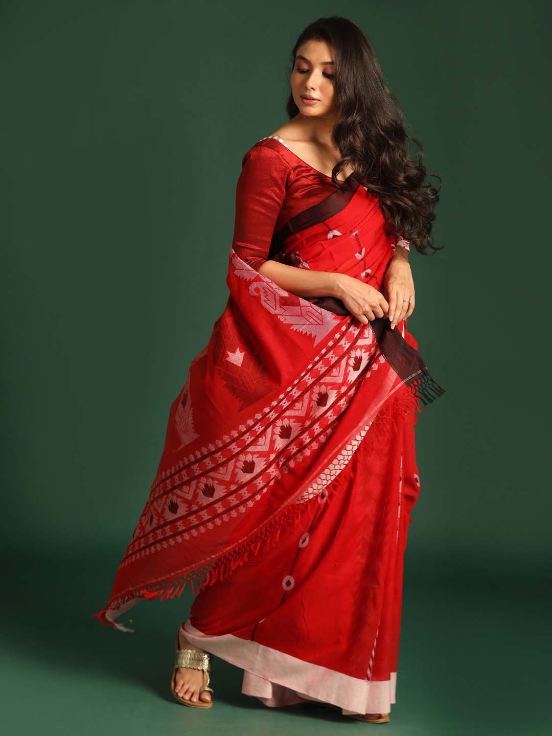 Indethnic Red Pure Cotton Ethnic Motifs Design Jamdani - View 2