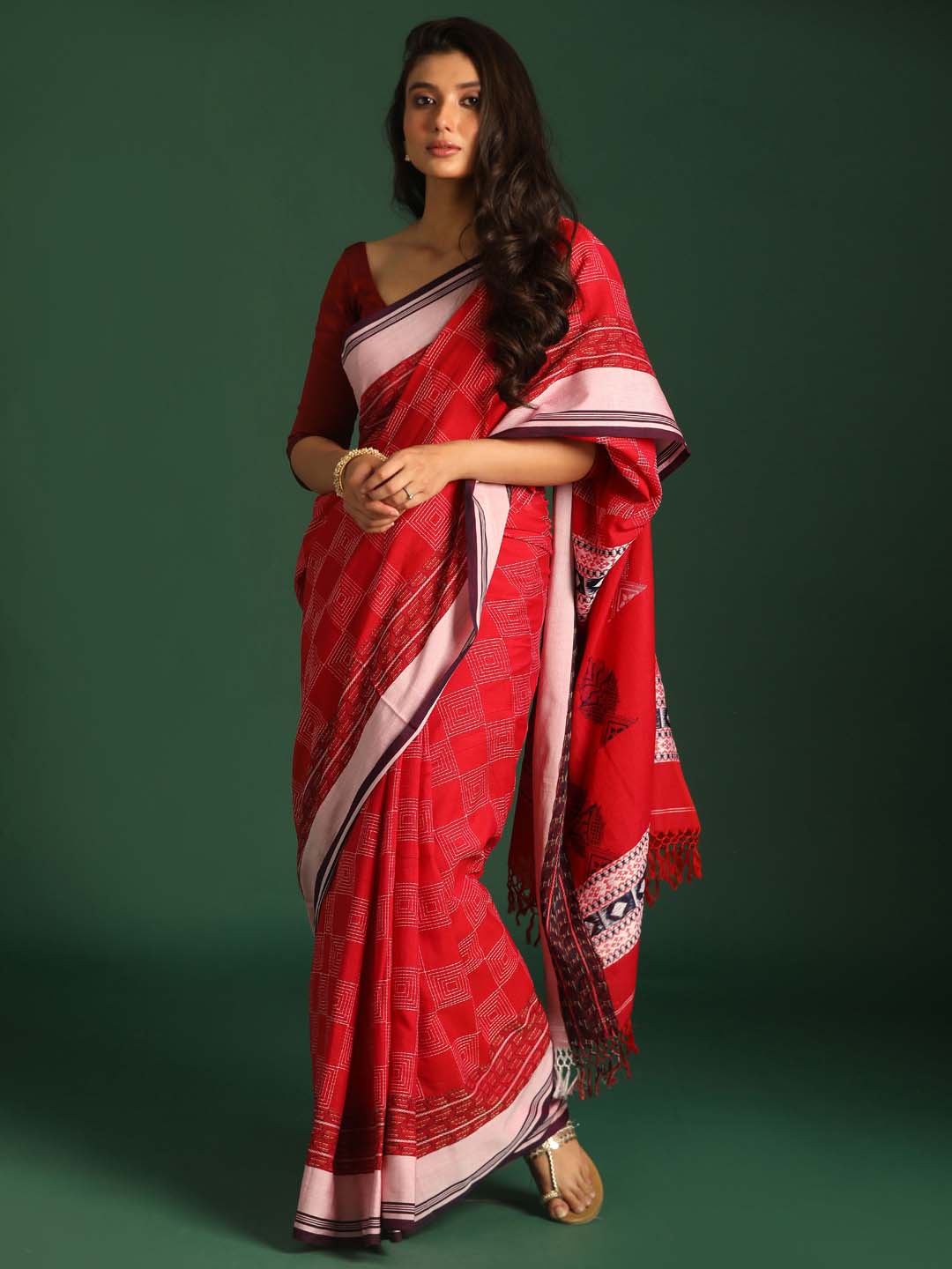 Indethnic Red Pure Cotton Ethnic Motifs Design Jamdani - View 1